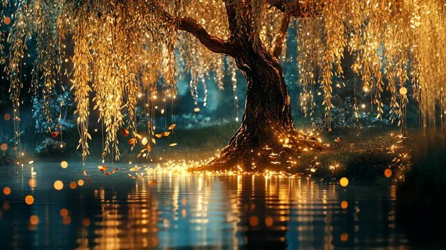 animation illustration, willow tree shade with glitter glow light shine under tree shade