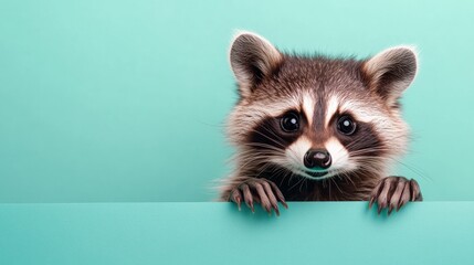 Obraz premium Adorable raccoon peering over a teal surface, captivating gaze
