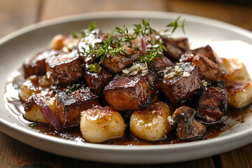 Crispy pan-fried gnocchi served with caramelized onions, mushrooms, and Parmesan