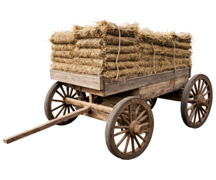A farmer’s wooden bull cart with a pile of hay on the back, wooden side rails, and visible rope bindings. Transparent background