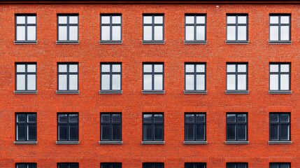 Facade of a red brick building with windows. Architecture concept.