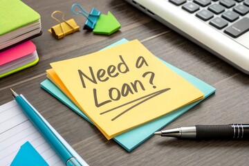 A desk with a pen and colorful paper featuring bold questions like "Need a Loan?" symbolizing brainstorming and financial planning