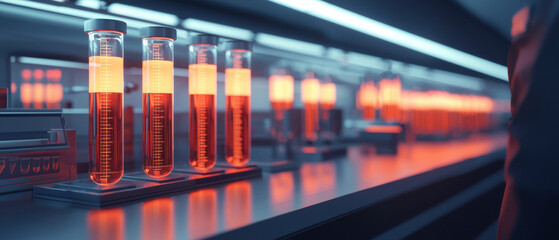 Statin Cholesterol Reduction. Laboratory scene with glowing test tubes filled with liquid.