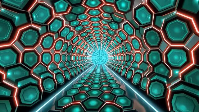 Futuristic hexagonal tunnel with vibrant neon lighting and perspective