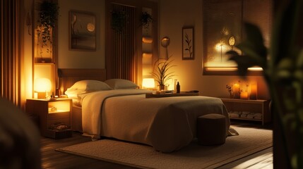 Obraz premium Cozy and Relaxing Bedroom Interior with Warm Lighting Ambiance