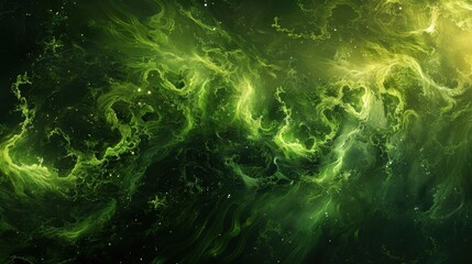 Abstract Cosmic Green Swirls Intertwining in a Mystical Space with Stars and Nebulae