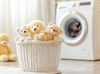 A basket of plush teddy bears and soft toys, next to a washing machine. The clean, cozy space and soft lighting create a peaceful setting for laundry day and care for children's toys.