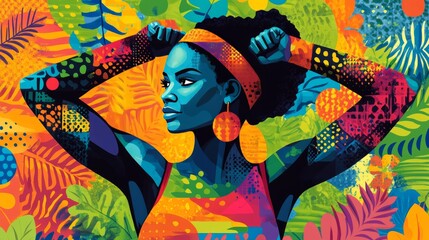 Fototapeta premium Woman flexing her muscles, surrounded by symbols of empowerment, colorful and characteristic illustration for March 8th