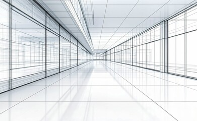 Fototapeta premium Modern Minimalist Corridor Blueprint with Expansive Glass Windows and Reflective Flooring Design