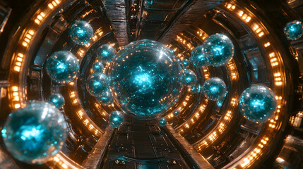 Obraz premium Futuristic energy spheres swirling in a technological tunnel, glowing lights background, science fiction backdrop
