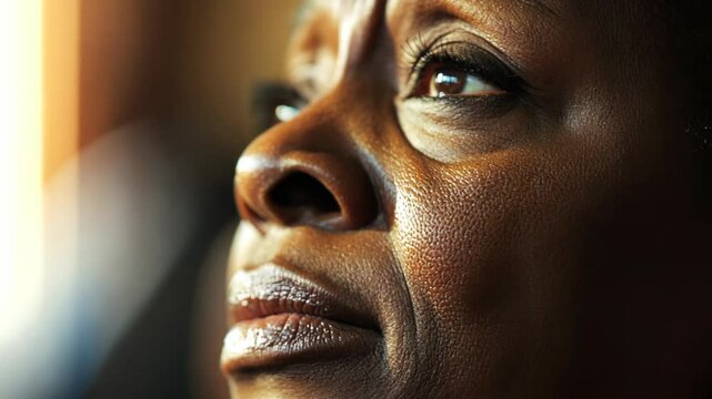 close up face of middle age black African woman, worry face expression looking up to the ceiling of room