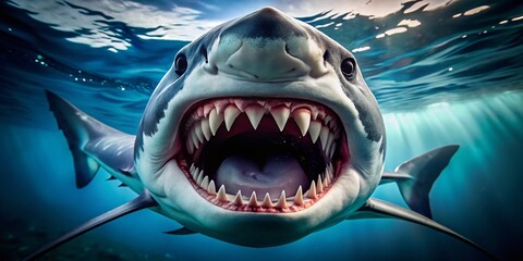 Naklejka premium Aggressive Shark Attack: Close-Up Jaws Wide Open, High Depth of Field Stock Photo