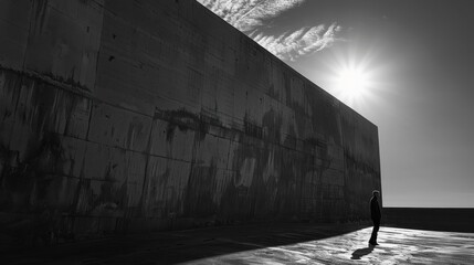 Fototapeta premium Contemplative Solitude in a Stark Landscape Under a Bright Sunlight in Black and White