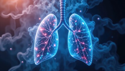 Obraz premium Glowing Neon Lungs Surrounded by Hazy Smoke and Colorful Light Effects in Abstract Medical Illustration