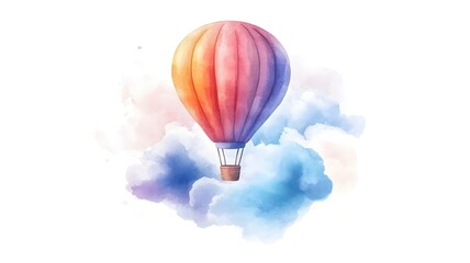 Obraz premium Vibrant hot air balloon ascending gracefully in a bright blue sky with fluffy clouds