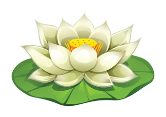 White lotus flower blooming on a lotus pad. Vector cartoon illustration