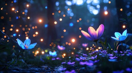 A fantasy-inspired scene of giant spring flowers in a magical forest, sprint flower