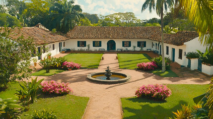 Aerial view of a white colonial house with a courtyard and a fountain, surrounded by gardens and green trees for tourism or real estate