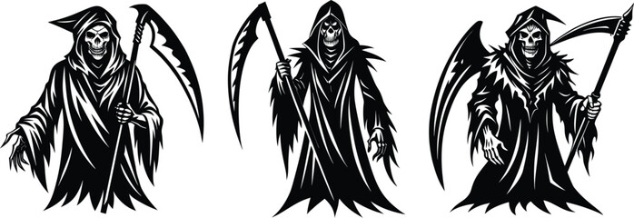 Grim reaper character silhouettes with cloak and scythe for tattoo, gothic design, horror symbol