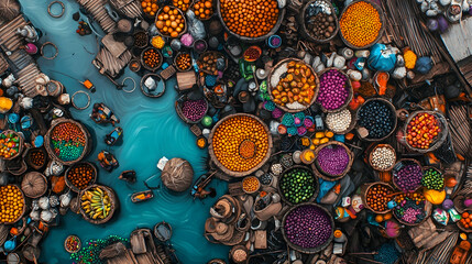 Aerial view of vibrant floating market, colorful produce, boats, bustling activity, Asian river trade