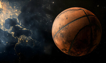 Fototapeta premium A Cosmic Dunk, Basketball Orbiting a Glowing Earth, Symbolizing Global Sports and Celestial Ambitions in a Universe of Opportunity and Athleticism