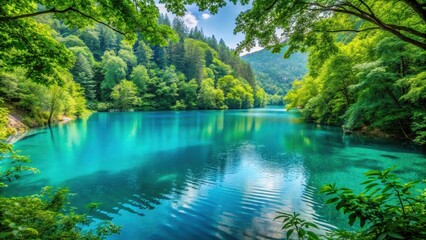 Obraz premium Serene turquoise lake nestled among dense green foliage , calming, tranquil, calming, tranquil, nature, scenic, natural
