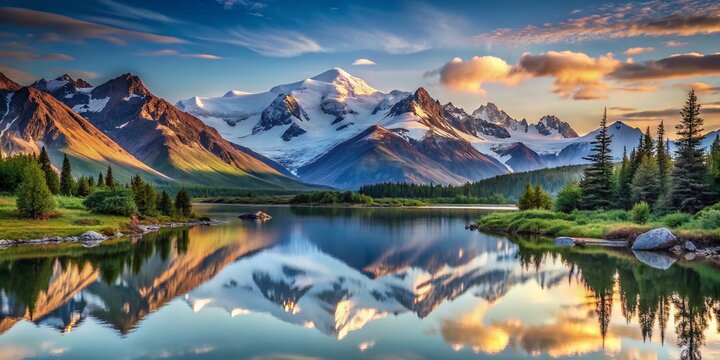 Alaskan Wilderness: Majestic Mountains & Glacial Lake at Dawn - Stock Photo