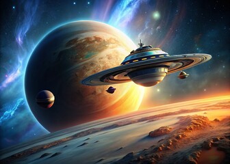 Alien Spaceship Orbiting Gas Giant with Moon in Foreground - High-Resolution Stock Photo