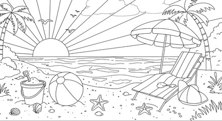 Sunset Beach Coloring Page: Relaxing Tropical Summer Scene