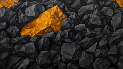 Golden treasure amidst dark rocks; artistic rendering, potential use finance, wealth