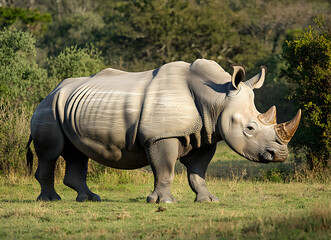 Obraz premium A Majestic White Rhinoceros Grazing Peacefully in the African Savanna Under the Warm Sunlight, Showcasing the Beauty and Serenity of Wildlife in its Natural Habitat
