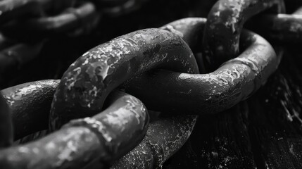 Close-up View of Weathered Metal Chain Links Against Dark Background with Textured Surface and Shadows