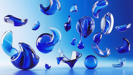 Glass shapes composition on blue background. 3d rendering.