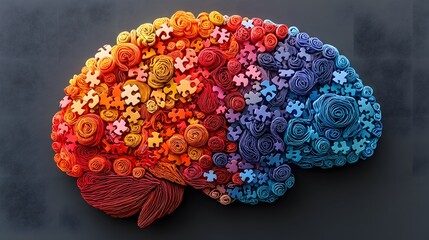 Fototapeta premium Paper cut design of a human brain made of interlocking puzzle pieces, symbolizing autism awareness, creative and modern look