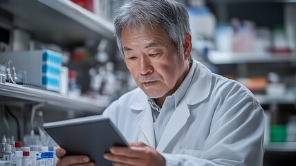 Professional man in lab coat analyzing information on tablet in scientific environment