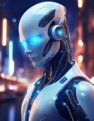 Fototapeta premium A futuristic humanoid robot with sleek metallic plating, glowing blue eyes, and articulated limbs, showcasing advanced technology and a dynamic, high-tech design. 