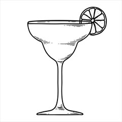 Vector glass of Margarita cocktail with lime slice in hand drawn style. Summer alcohol drink. Engraving illustration