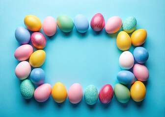 Pastel Easter Eggs Frame on Blue Background - Holiday Mockup