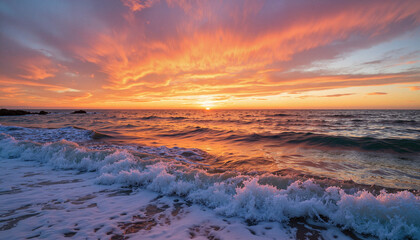 Vibrant winter sunrise glowing over ocean waves, peaceful beauty