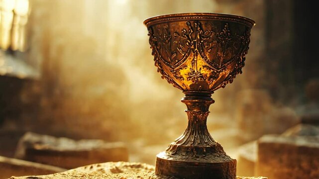 close up ancient holy grail with smoke drifting out at ancient temple	
