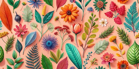 Fototapeta premium Pastel Herbarium: Bright Floral & Leaf Pattern on Coral Background - Stock Photo