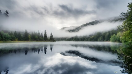 Fototapeta premium Calm lake surrounded by fog with reflections of distant trees and mountains creating a dreamlike scene