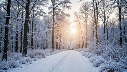 Obraz premium Misty winter pathway through snowy woodland at sunset, peaceful serenity
