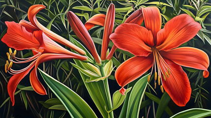 Fototapeta premium Vibrant red lilies in a lush garden setting