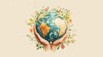 Vector-style composition of hands cradling Earth, emphasizing world health and well-being, soft color tones