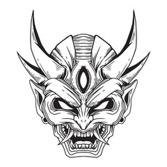 Japanese oni mask illustration design. Line art illustration for coloring book
