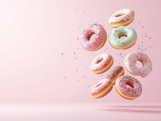 Colorful donuts in mid-air against a soft pink background, evoking joy and sweetness