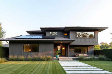 Naklejka premium A Modern Sustainable house with sleek solar panels integrated into a flat roof, framed by minimalist landscaping.