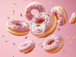 Colorful donuts with sprinkles floating against a pink background, creating a whimsical dessert scene