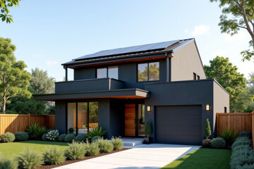 Fototapeta premium A Modern Sustainable house with sleek solar panels integrated into a flat roof, framed by minimalist landscaping.